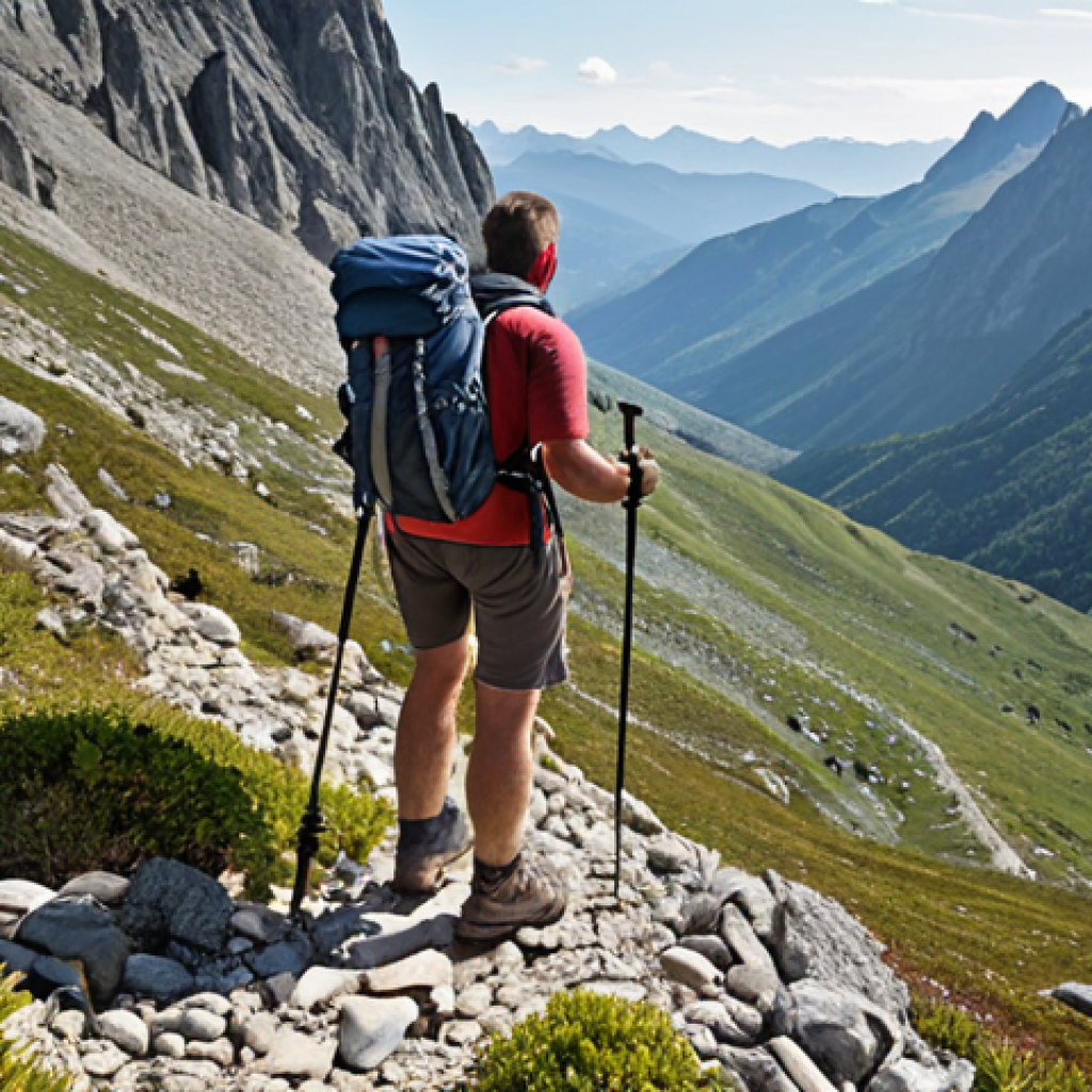 ** A hiker on a rocky mountain trail, using trekking poles for balance. The hiker has a backpack on. Focus on the poles planted firmly on the ground, providing stability. The background shows a scenic vista.

**