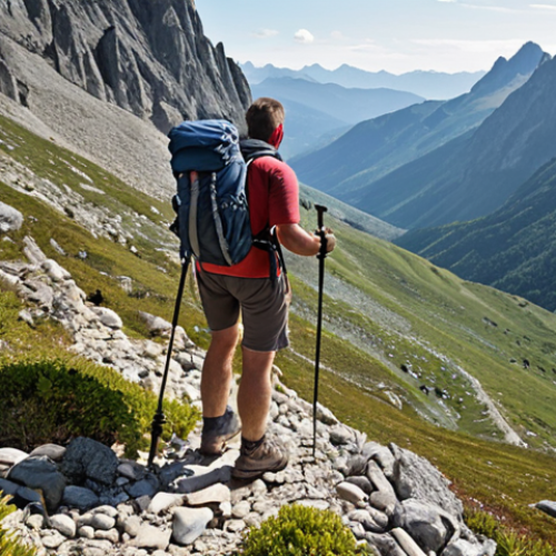 ** A hiker on a rocky mountain trail, using trekking poles for balance. The hiker has a backpack on. Focus on the poles planted firmly on the ground, providing stability. The background shows a scenic vista.

**