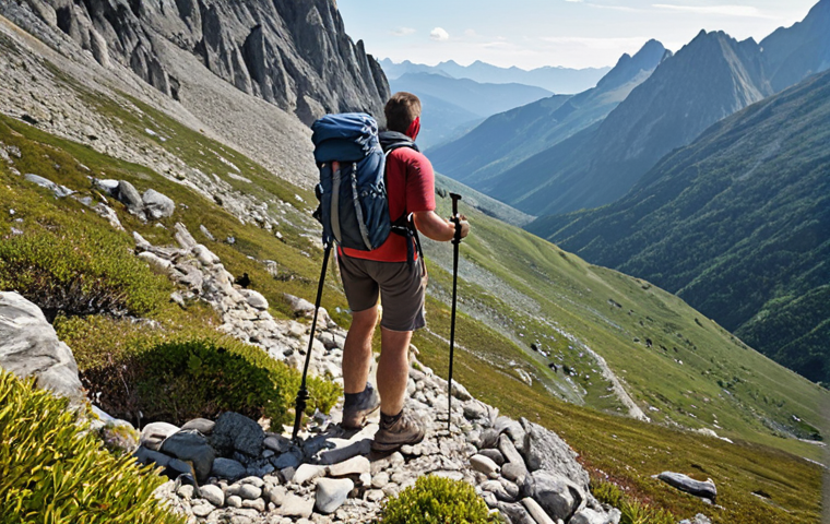 ** A hiker on a rocky mountain trail, using trekking poles for balance. The hiker has a backpack on. Focus on the poles planted firmly on the ground, providing stability. The background shows a scenic vista.
**